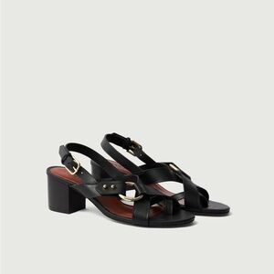 Soeur Black Leather Sandals with Gold Accents